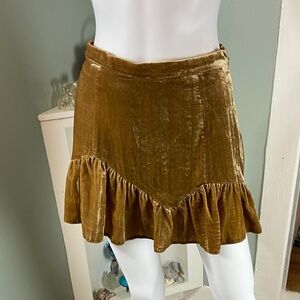 NWT New LoveShackFancy Eliza Gold/Brown Beige Velvet Micro Ruffle Mini Skirt